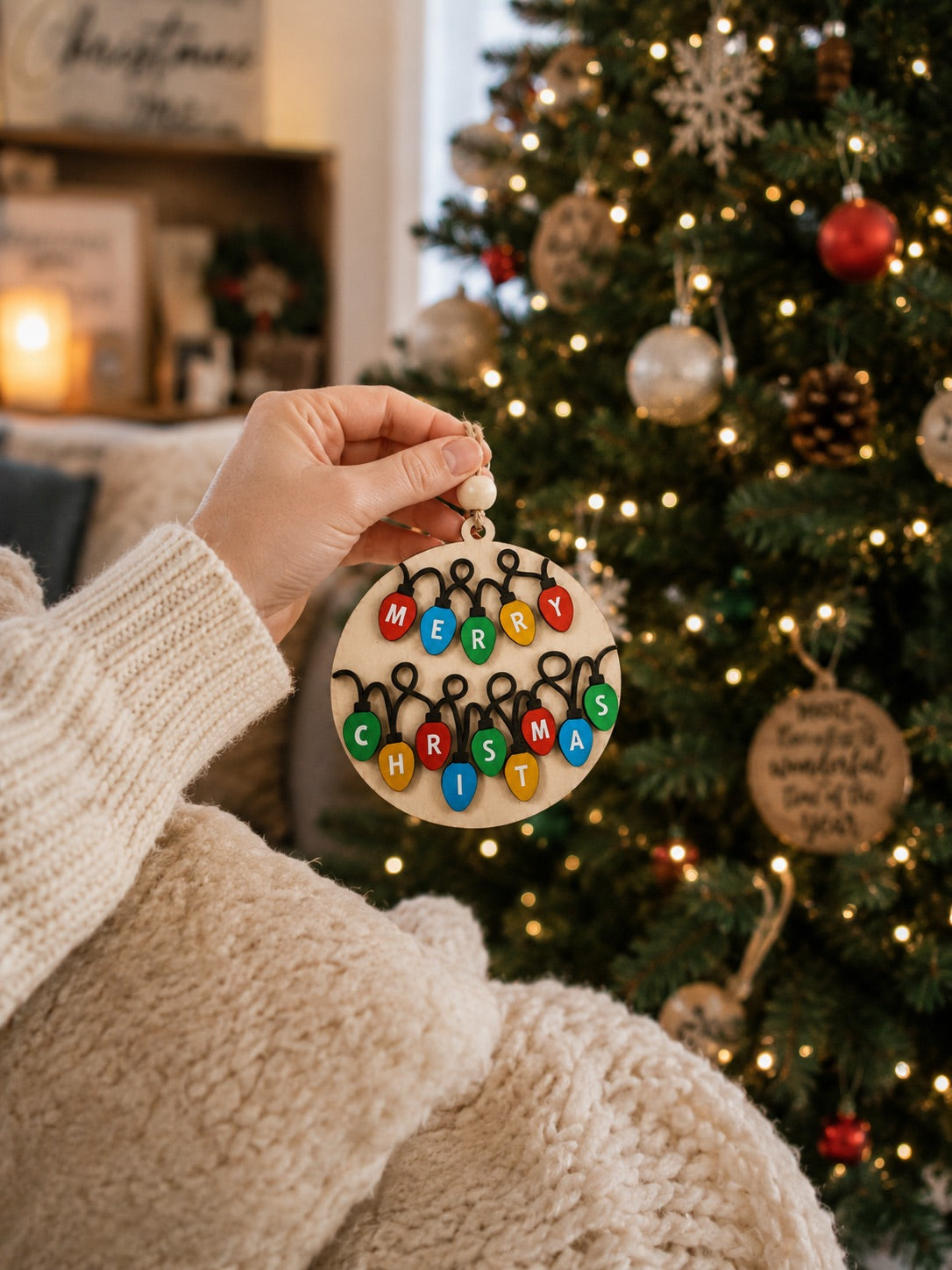 Merry Christmas Lights Ornament | Laser Cut Wood Christmas Tree Ornament