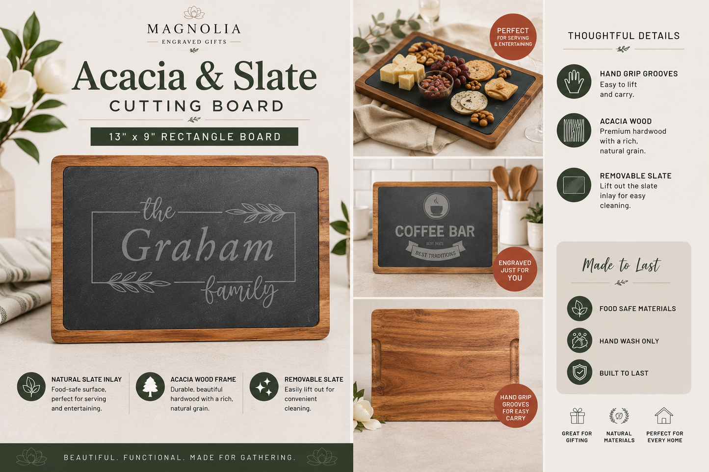 JM Series Personalized Acacia & Slate Serving Board