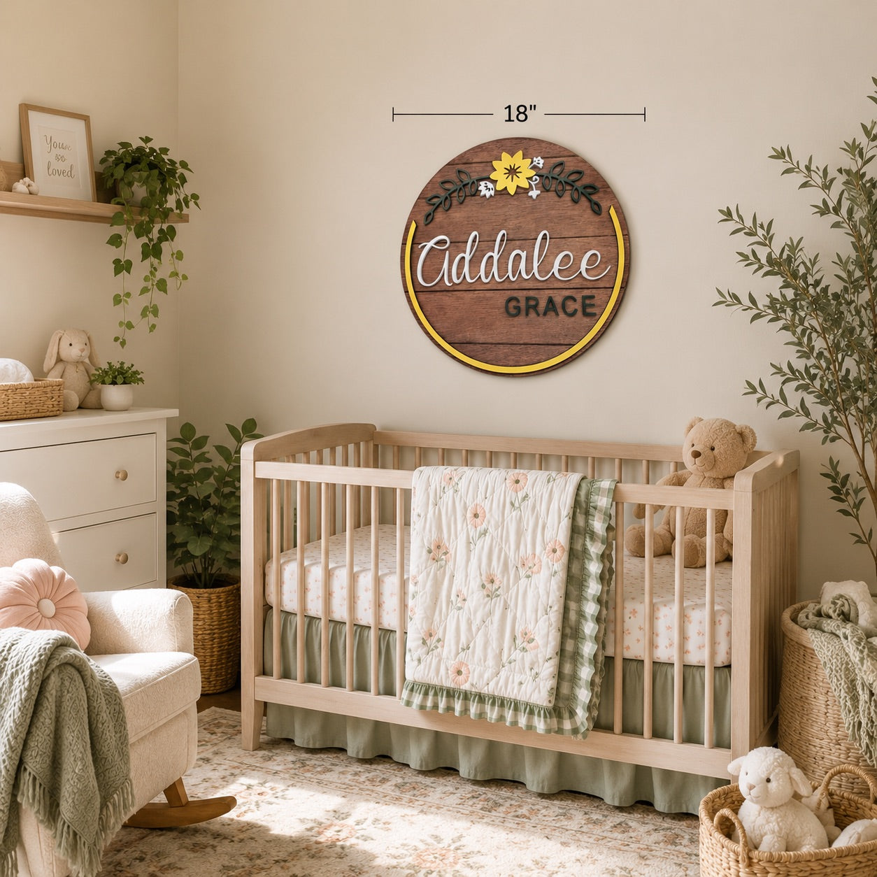 Personalized Floral Nursery Round Name Sign
