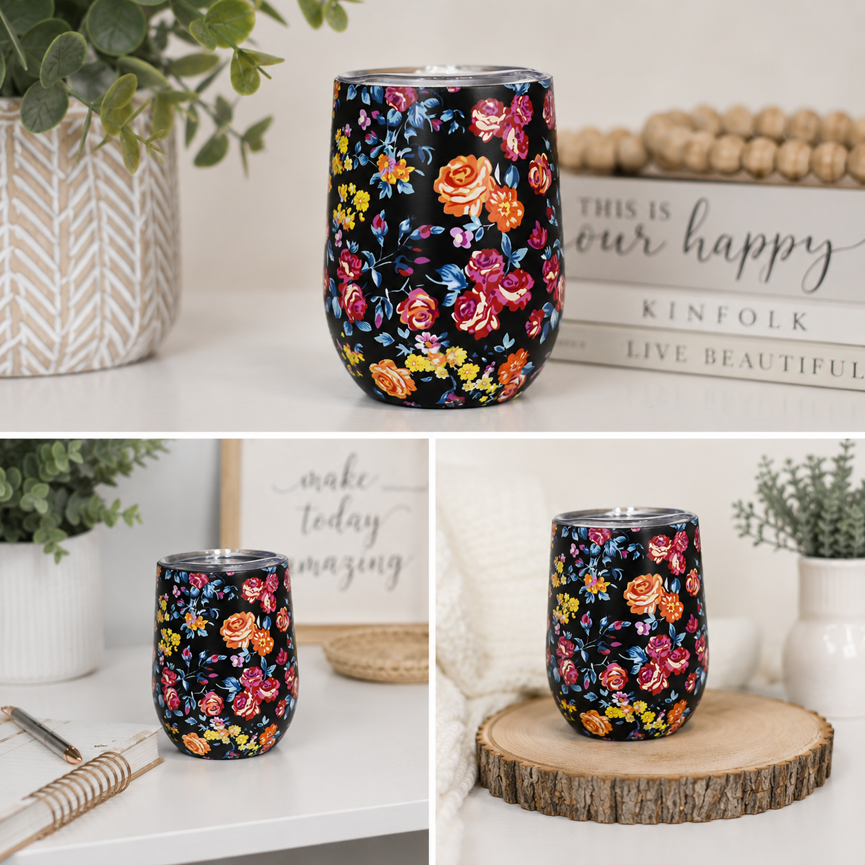 Black Floral Wine Tumbler | 10oz Insulated Stainless Steel Cup