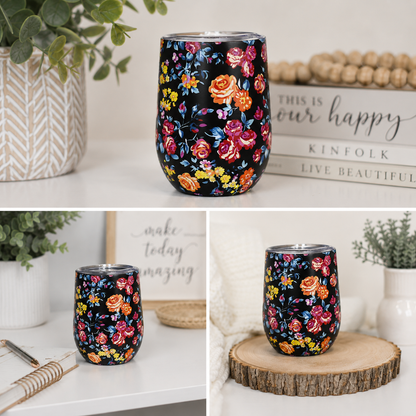 Black Floral Wine Tumbler | 10oz Insulated Stainless Steel Cup