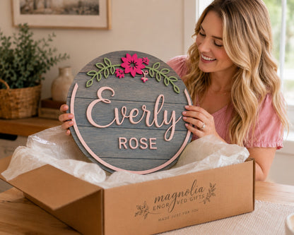 Personalized Floral Nursery Round Name Sign