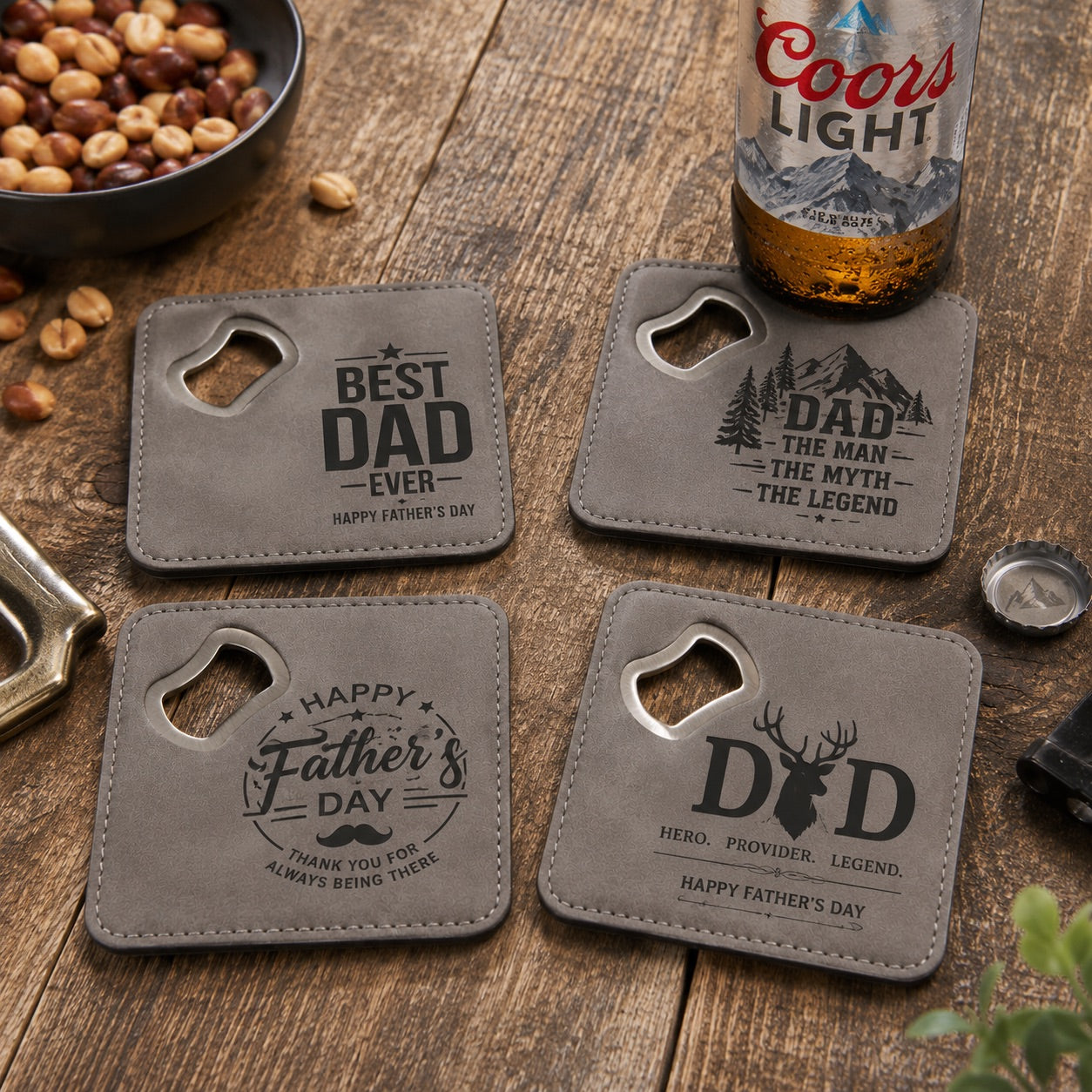 JM Series Personalized Bottle Opener Coaster Set