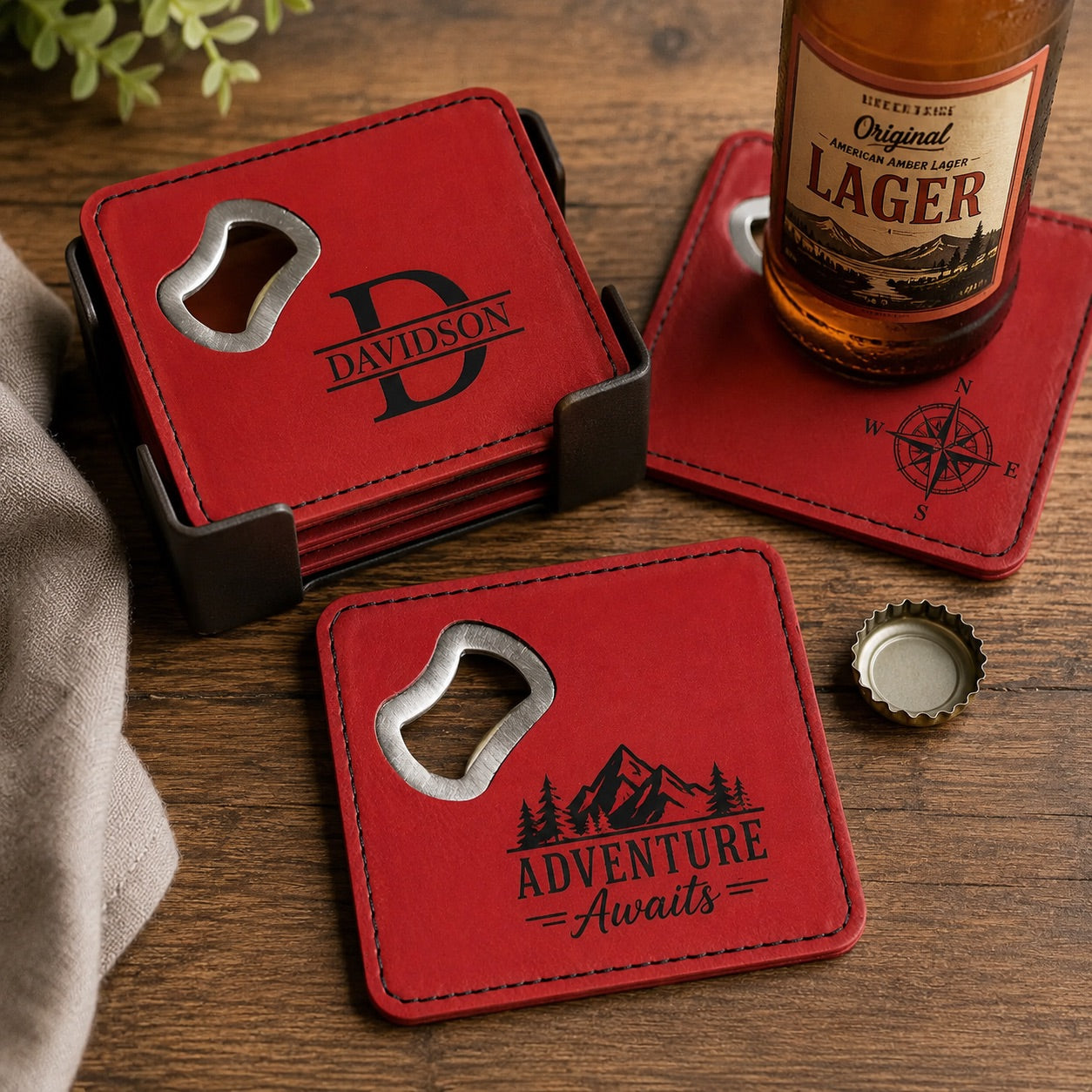 JM Series Personalized Bottle Opener Coaster Set
