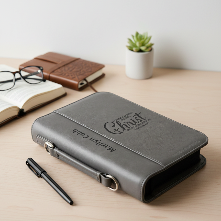 Gray leather-bound bible cover with 'All things through Christ' 