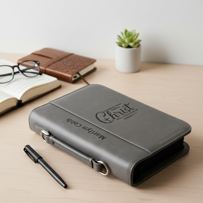 Gray leather-bound bible cover with 'All things through Christ' 