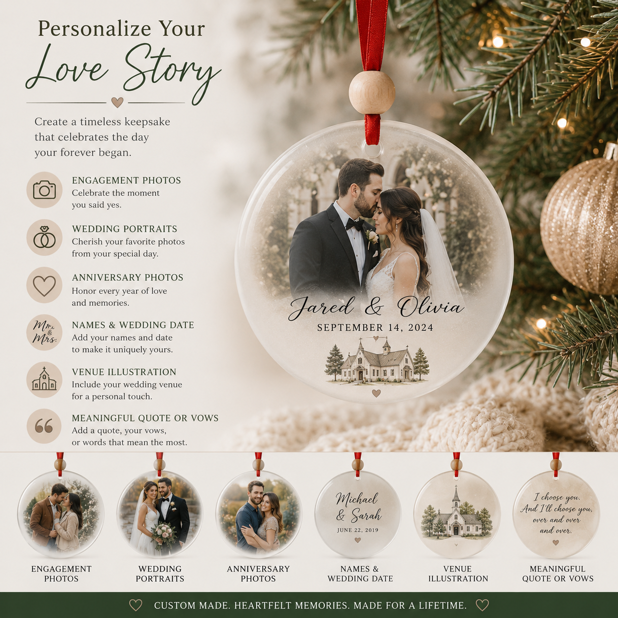 Custom Printed Glass Wedding  Christmas Ornament