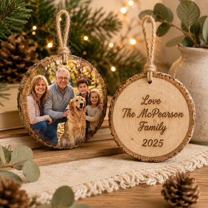 Personalized Wood Slice Photo Ornament | Rustic Christmas Keepsake