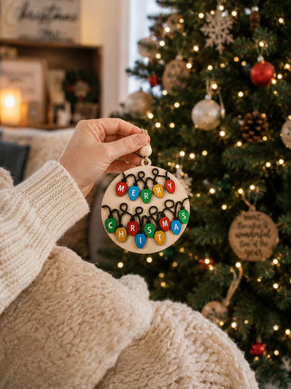 Merry Christmas Lights Ornament | Laser Cut Wood Christmas Tree Ornament