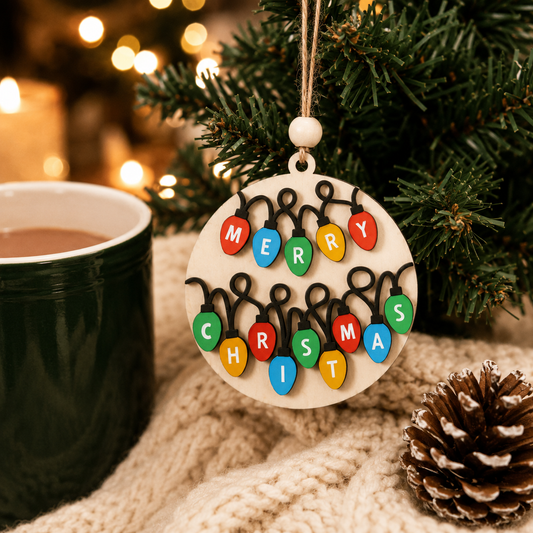 Merry Christmas Lights Ornament | Laser Cut Wood Christmas Tree Ornament