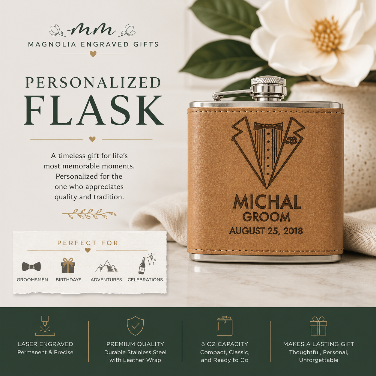 Personalized Leatherette Flask | Custom Engraved Gift