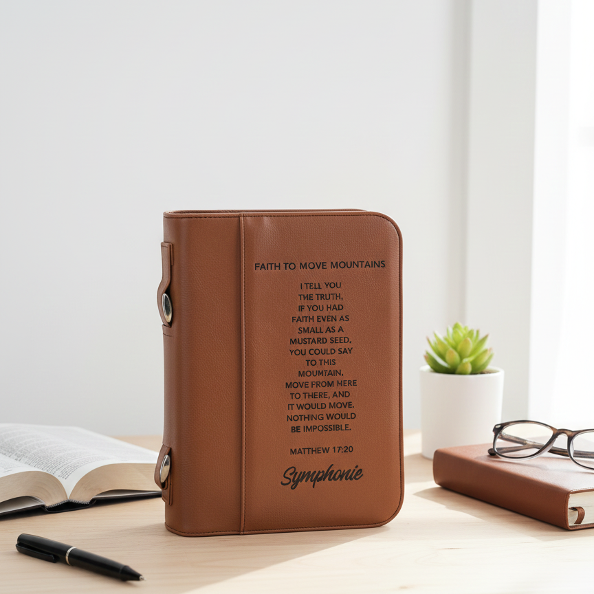 Rawhide Leatherette Bible Cover "Faith to move Mountains" Personalized, Engraved, Custom Order, Custom Gift
