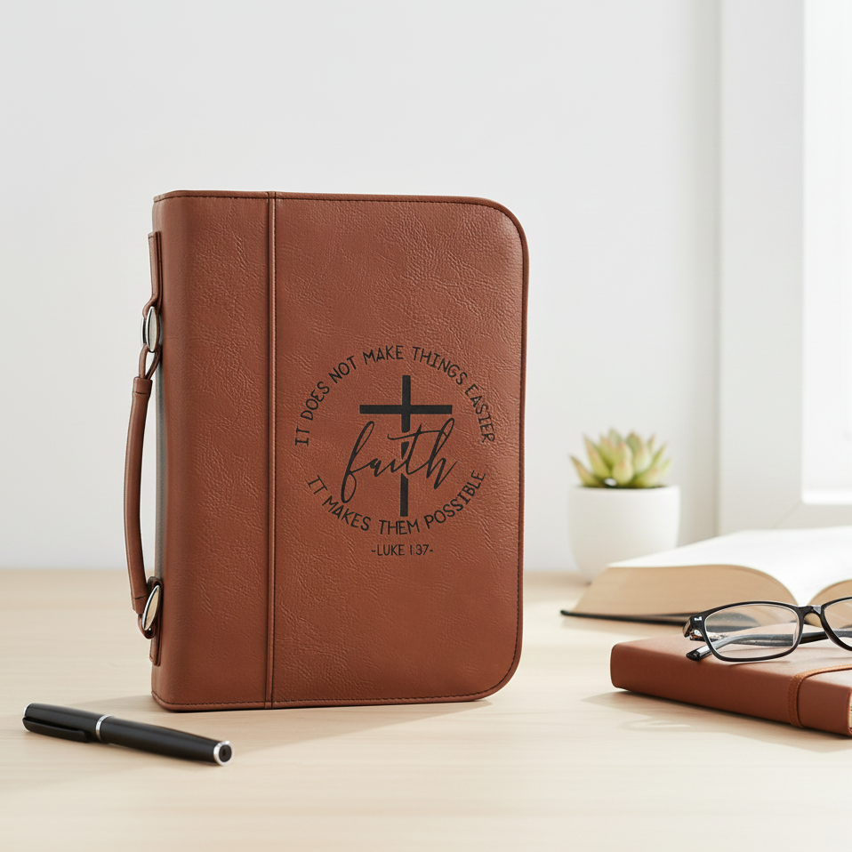 Brown leather Bible cover with cross and 'faith' text on a table with books and glasses.