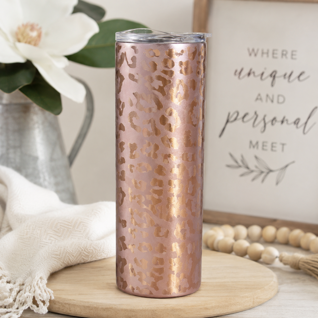 Rose Gold Leopard Skinny Tumbler | 20oz Insulated Stainless Steel Travel Cup