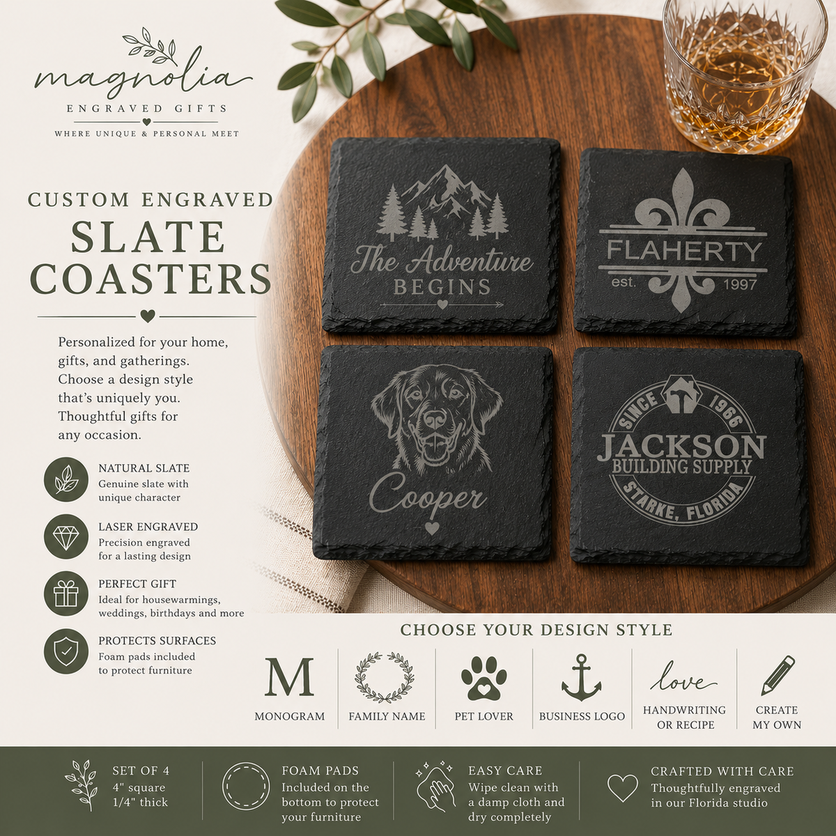 Personalized Engraved Slate Coaster Set