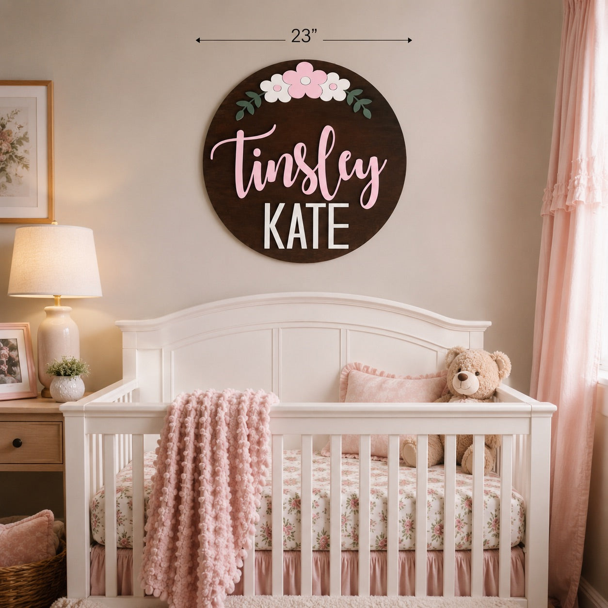 Personalized Floral Nursery Round Name Sign