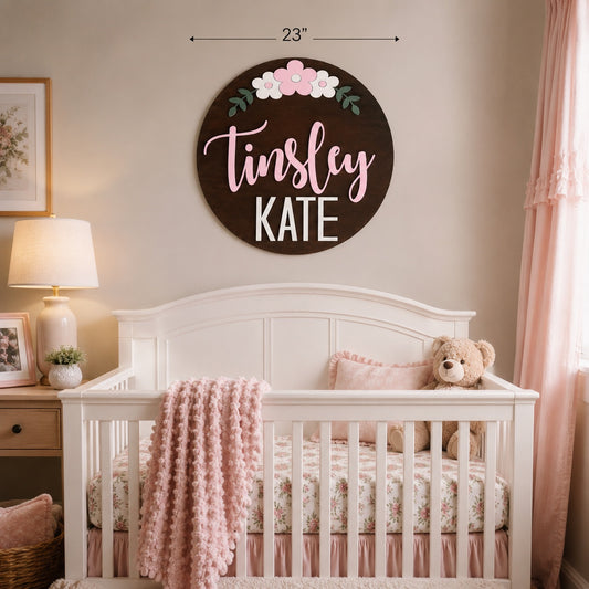 Personalized Floral Nursery Round Name Sign