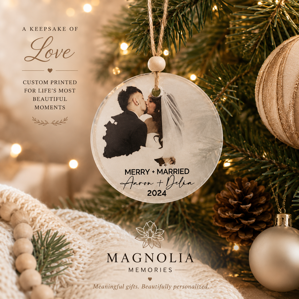 Custom Printed Glass Wedding  Christmas Ornament