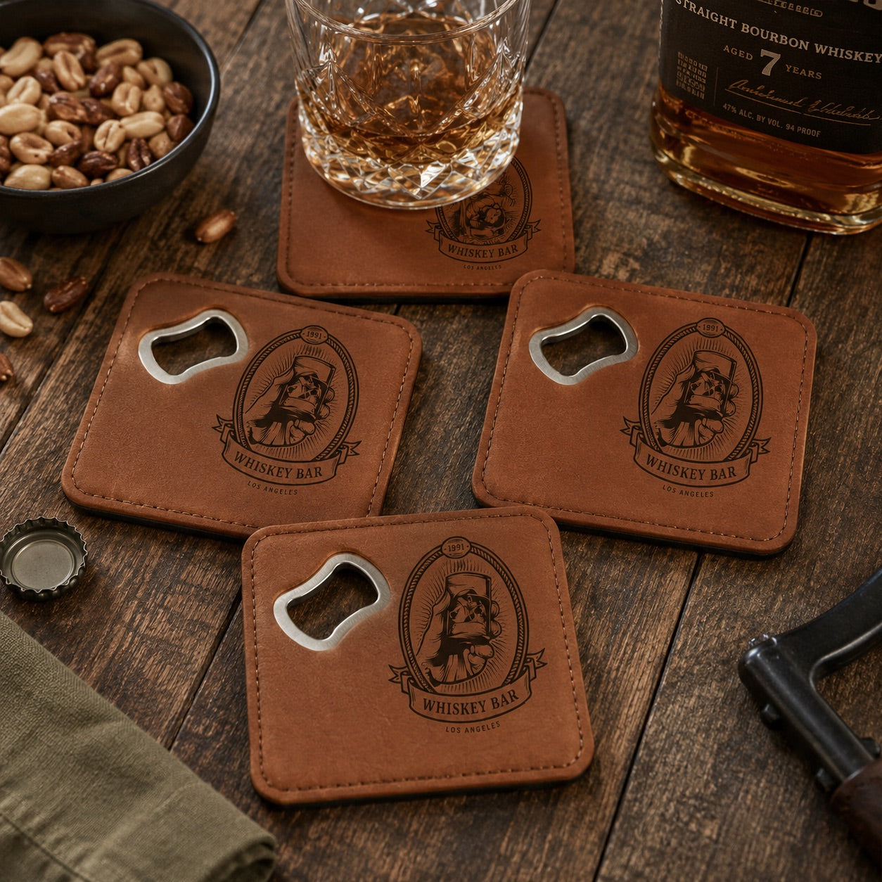 JM Series Personalized Bottle Opener Coaster Set