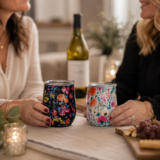 White Floral Wine Tumbler | 10oz Insulated Stainless Steel Cup