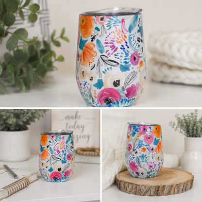 White Floral Wine Tumbler | 10oz Insulated Stainless Steel Cup