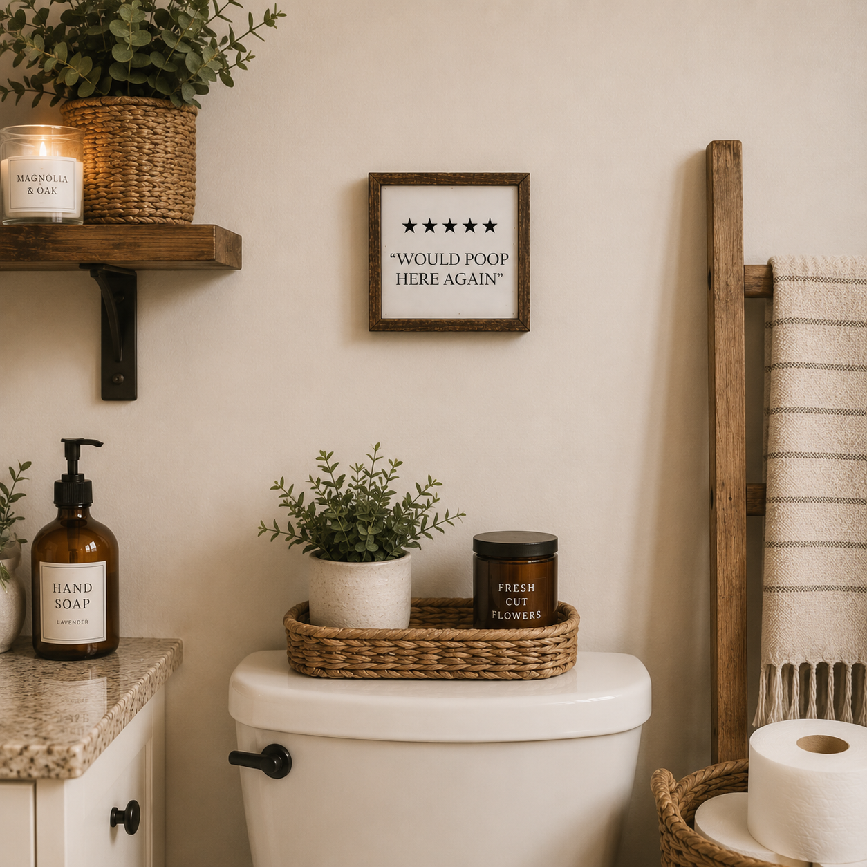 Would Poop Here Again Funny Bathroom Sign, Rustic Farmhouse Bathroom Wall Decor