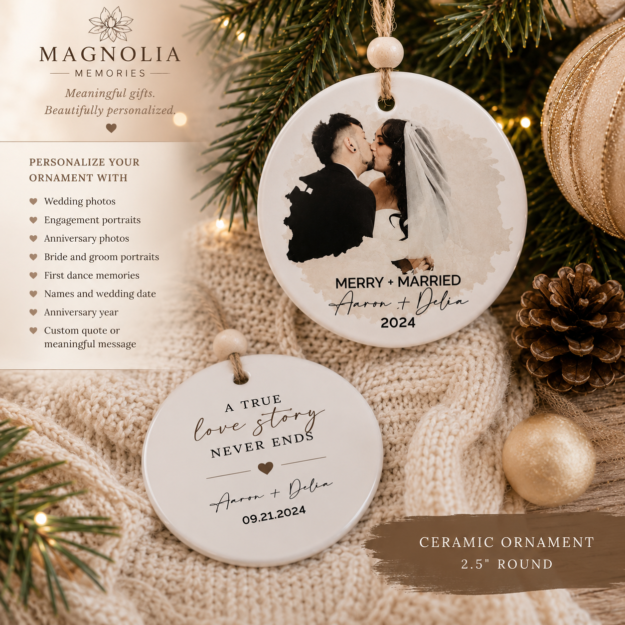 Custom Printed Ceramic Wedding  Christmas Ornament