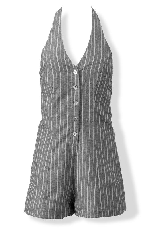 Striped Button Down Halter Romper