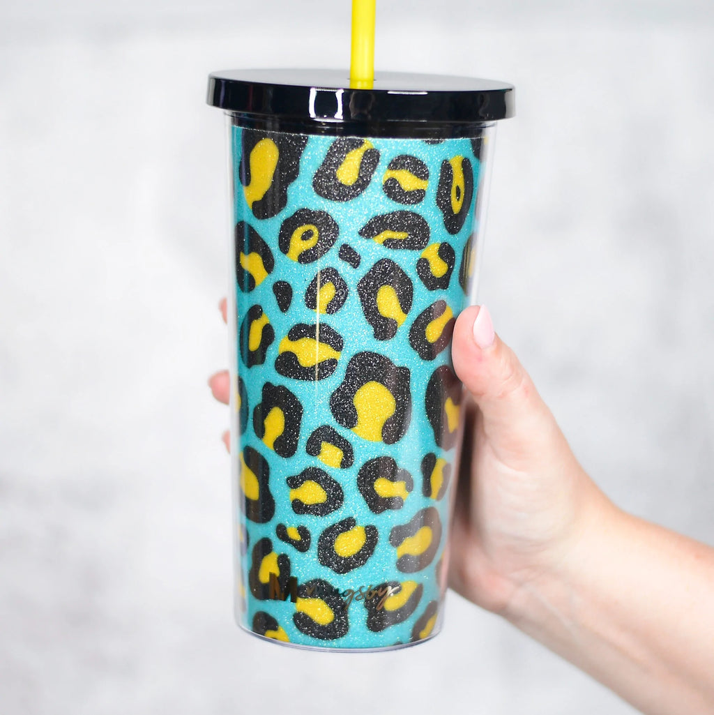 Teal and Yellow Leopard Tumbler with Straw