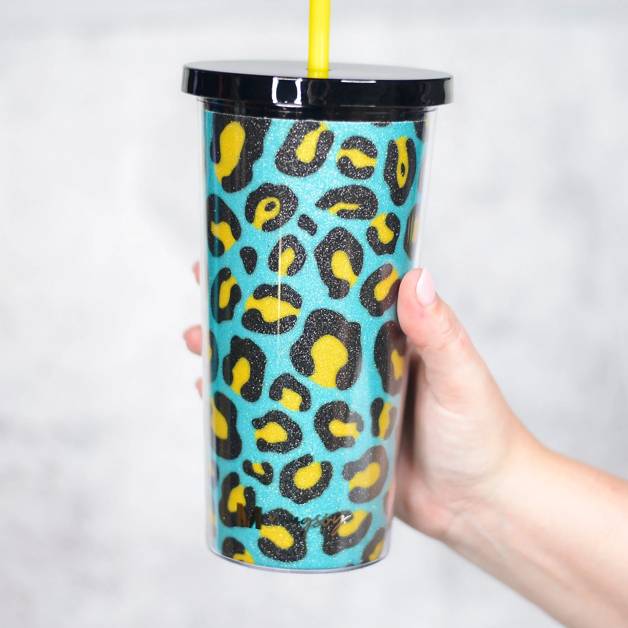 Teal and Yellow Leopard Tumbler with Straw